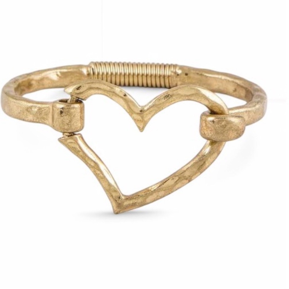 Open Heart Hook Bangle Bracelet | Worn Gold Brass Cuff